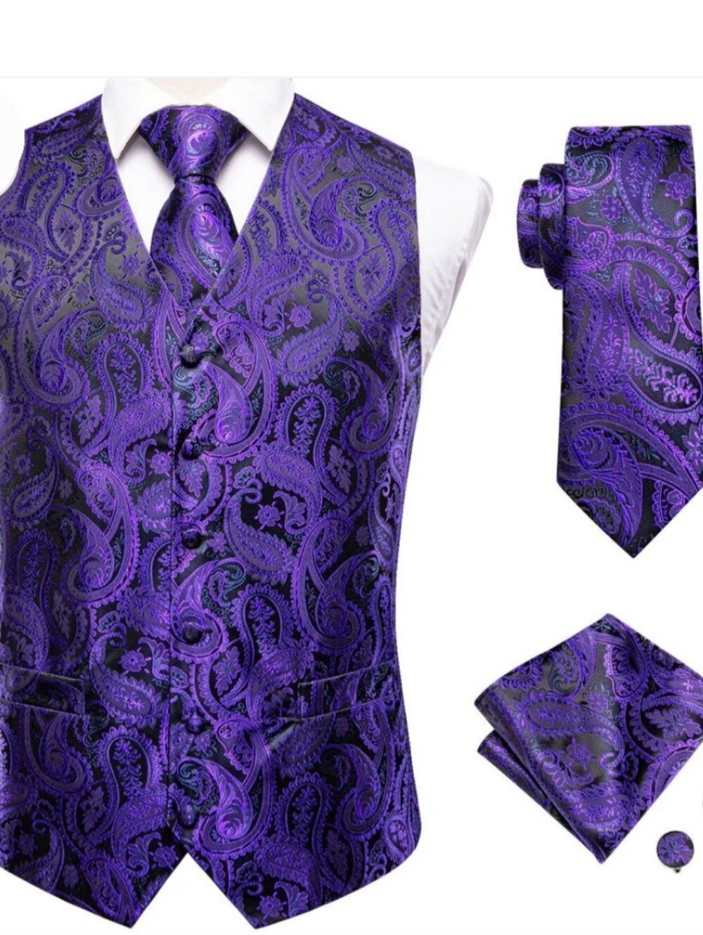 ALIZEAL Elegant Men's Purple Paisley Vest, Tie & Pocket Square Set 4 Pcs